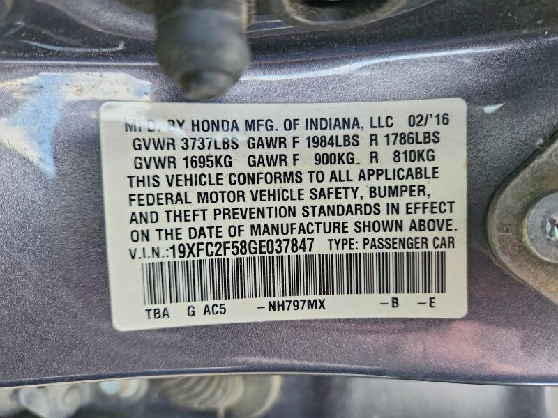 Продажа на аукционе авто 2016 Honda Civic, vin: 19XFC2F58GE037847, номер лота: 54841256