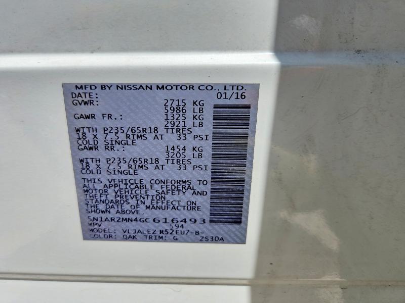 54157906 :رقم المزاد ، 5N1AR2MN4GC616493 vin ، 2016 Nissan Pathfinder مزاد بيع