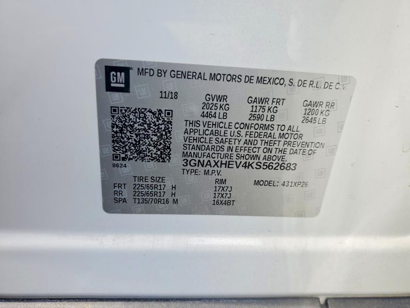 Aukcja sprzedaży 2019 Chevrolet Equinox, vin: 3GNAXHEV4KS562683, numer aukcji: 54518436