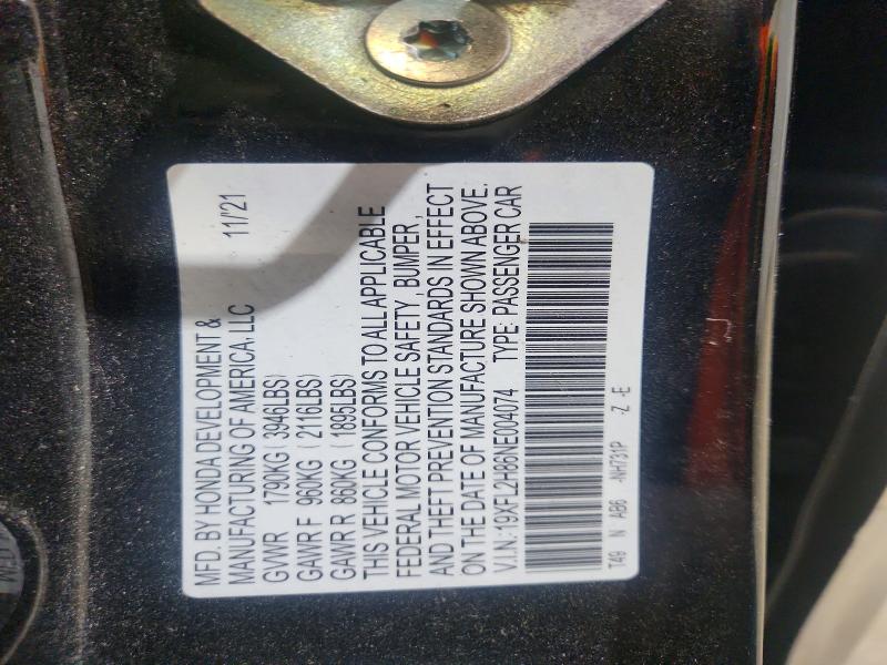 Продажа на аукционе авто 2022 Honda Civic, vin: 19XFL2H86NE004074, номер лота: 52603536