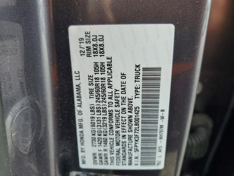 51708376 :رقم المزاد ، 5FPYK3F72LB001425 vin ، 2020 Honda Ridgeline مزاد بيع