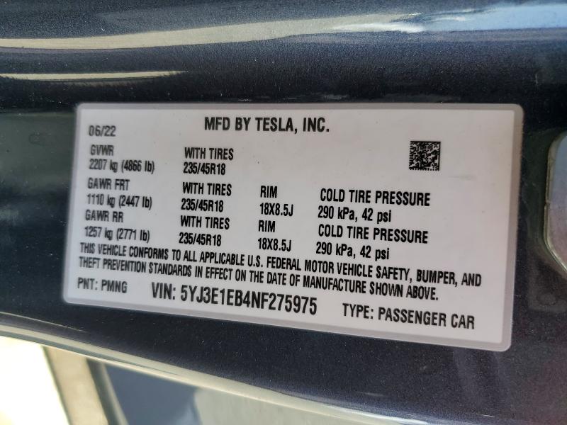 Aukcja sprzedaży 2022 Tesla Model 3, vin: 5YJ3E1EB4NF275975, numer aukcji: 53651116