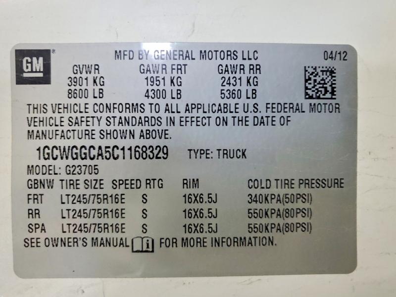 2012 Chevrolet Express G2500 მანქანა იყიდება აუქციონზე, vin: 1GCWGGCA5C1168329, აუქციონის ნომერი: 55303446