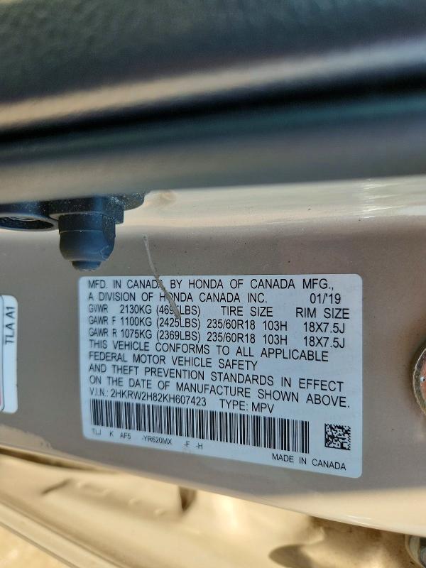 2019 Honda Cr-v მანქანა იყიდება აუქციონზე, vin: 2HKRW2H82KH607423, აუქციონის ნომერი: 53932606