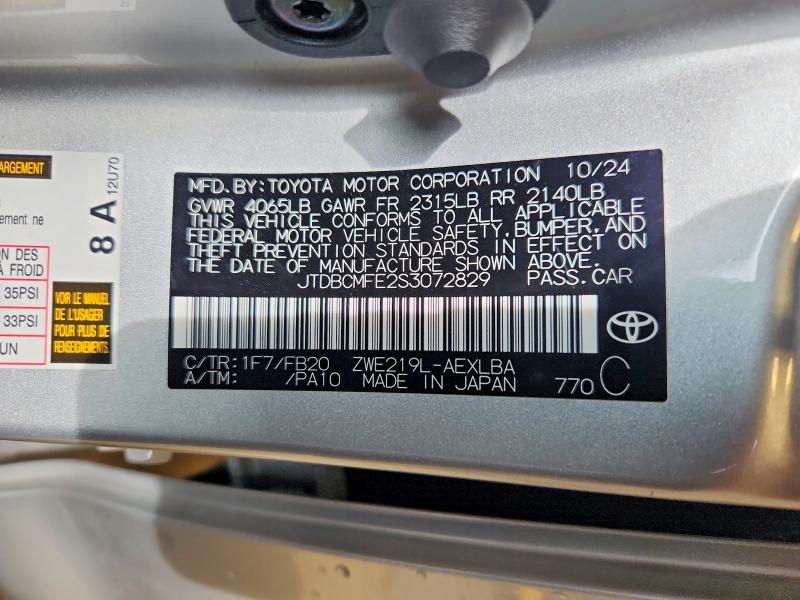 2025 Toyota Corolla Hybrid მანქანა იყიდება აუქციონზე, vin: JTDBCMFE2S3072829, აუქციონის ნომერი: 54231066