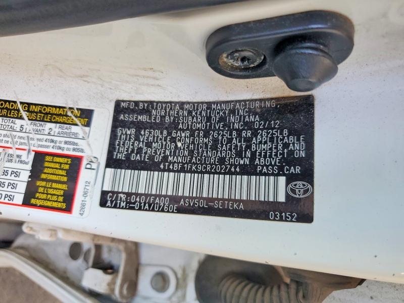 Продажа на аукционе авто 2012 Toyota Camry, vin: 4T4BF1FK9CR202744, номер лота: 52733266