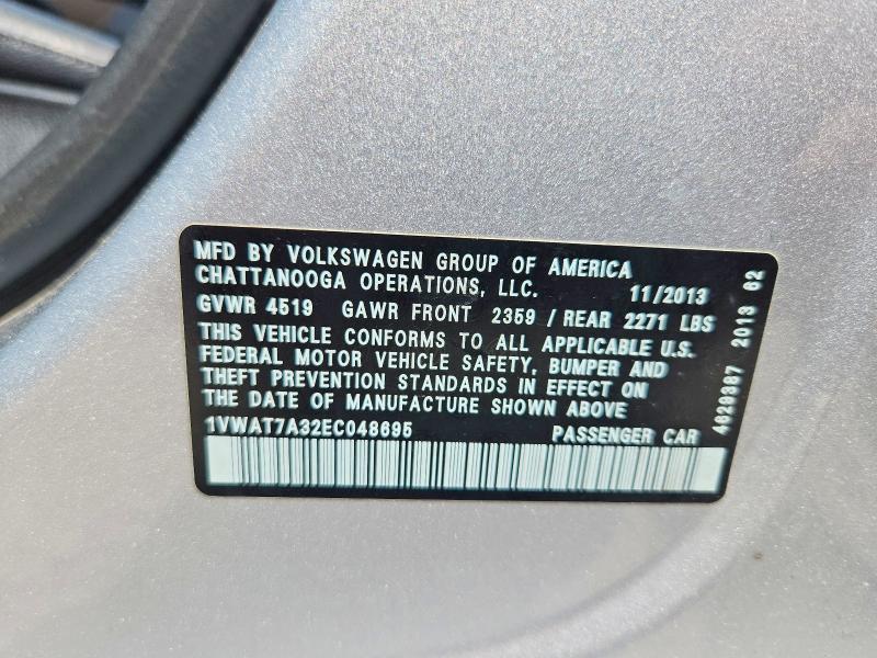 2014 Volkswagen Passat მანქანა იყიდება აუქციონზე, vin: 1VWAT7A32EC048695, აუქციონის ნომერი: 54147916