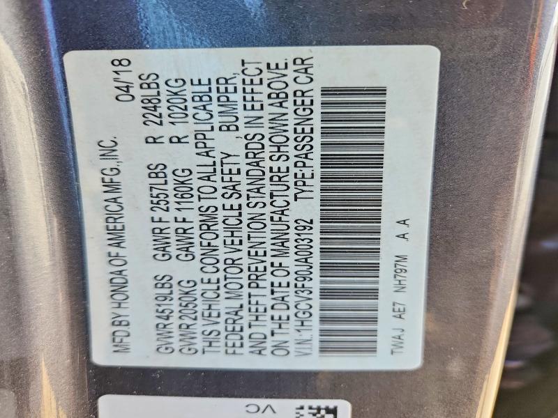 Продаж на аукціоні авто 2018 Honda Accord, vin: 1HGCV3F90JA003192, номер лоту: 52863546