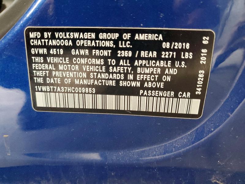 52906856 :رقم المزاد ، 1VWBT7A37HC009853 vin ، 2017 Volkswagen Passat مزاد بيع