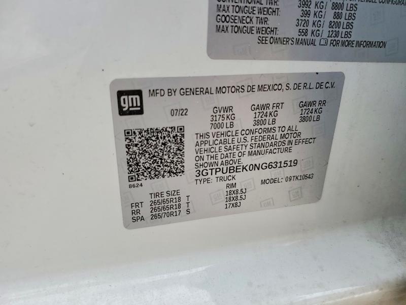 Aukcja sprzedaży 2022 Gmc Sierra, vin: 3GTPUBEK0NG631519, numer aukcji: 52383576