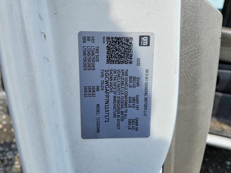 2022 Chevrolet Express G2500 მანქანა იყიდება აუქციონზე, vin: 1GCWGAFP7N1157171, აუქციონის ნომერი: 52293276