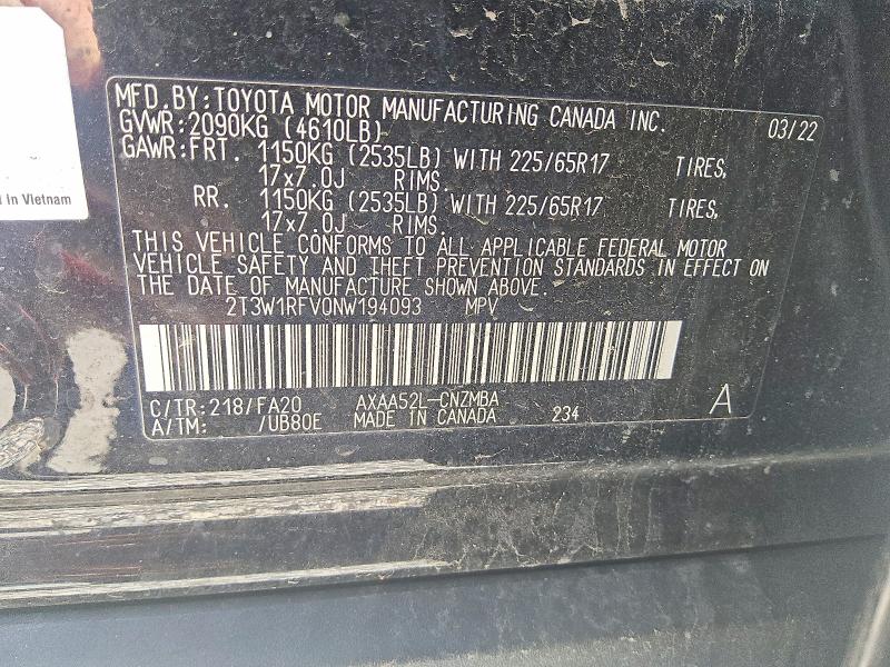 Продаж на аукціоні авто 2022 Toyota Rav4, vin: 2T3W1RFV0NW194093, номер лоту: 53635356