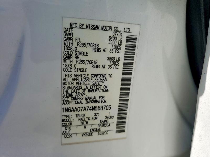 2004 Nissan Titan მანქანა იყიდება აუქციონზე, vin: 1N6AA07A74N568705, აუქციონის ნომერი: 54674826