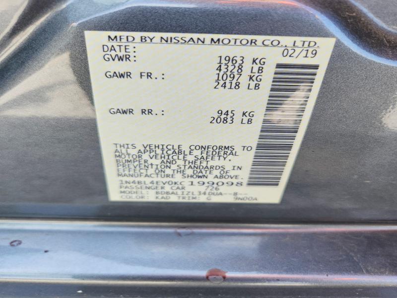 54052656 :رقم المزاد ، 1N4BL4EV0KC199098 vin ، 2019 Nissan Altima مزاد بيع