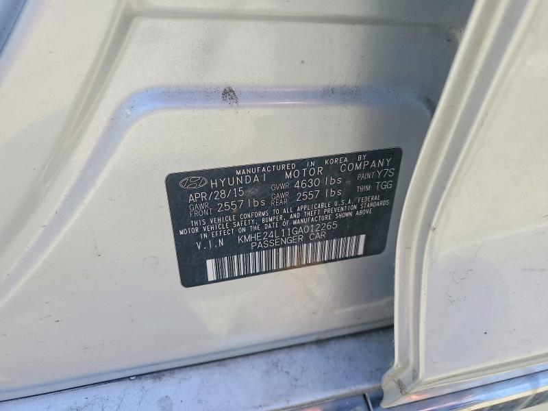2016 Hyundai Sonata Hybrid მანქანა იყიდება აუქციონზე, vin: KMHE24L11GA012265, აუქციონის ნომერი: 54319166