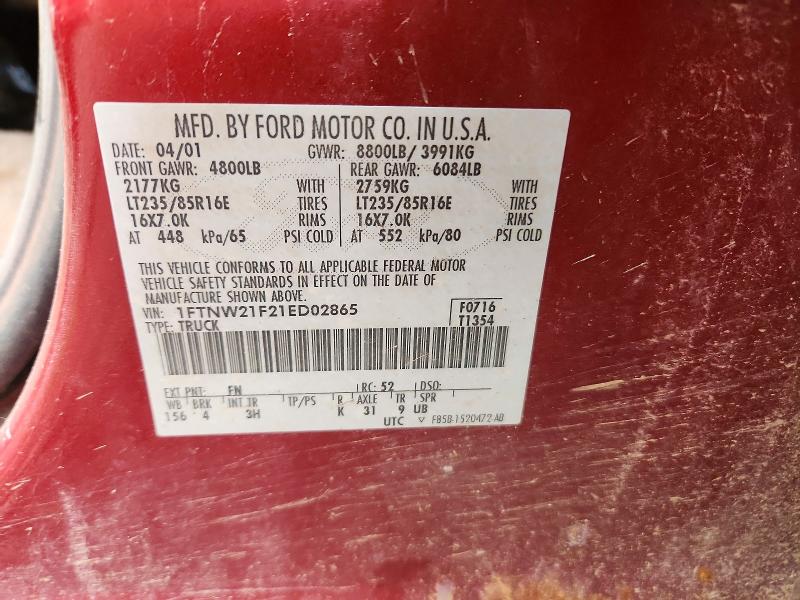 2001 Ford F250 მანქანა იყიდება აუქციონზე, vin: 1FTNW21F21ED02865, აუქციონის ნომერი: 53901376