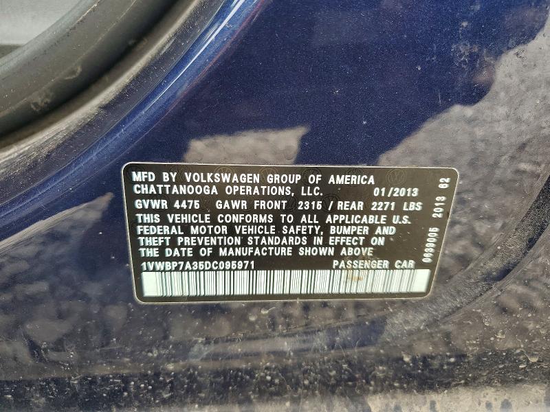 54888176 :رقم المزاد ، 1VWBP7A35DC095971 vin ، 2013 Volkswagen Passat مزاد بيع