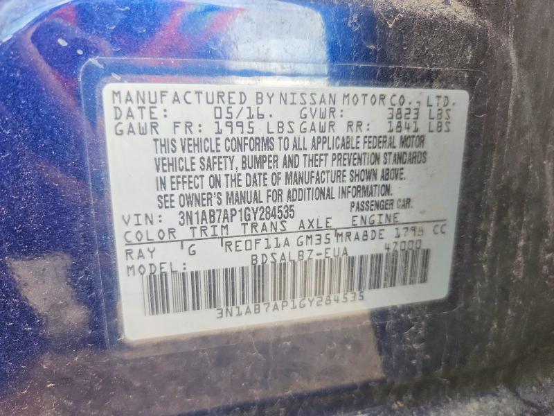 2016 Nissan Sentra მანქანა იყიდება აუქციონზე, vin: 3N1AB7AP1GY284535, აუქციონის ნომერი: 55275856