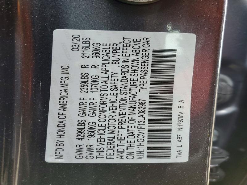 52807706 :رقم المزاد ، 1HGCV1F13LA082987 vin ، 2020 Honda Accord مزاد بيع