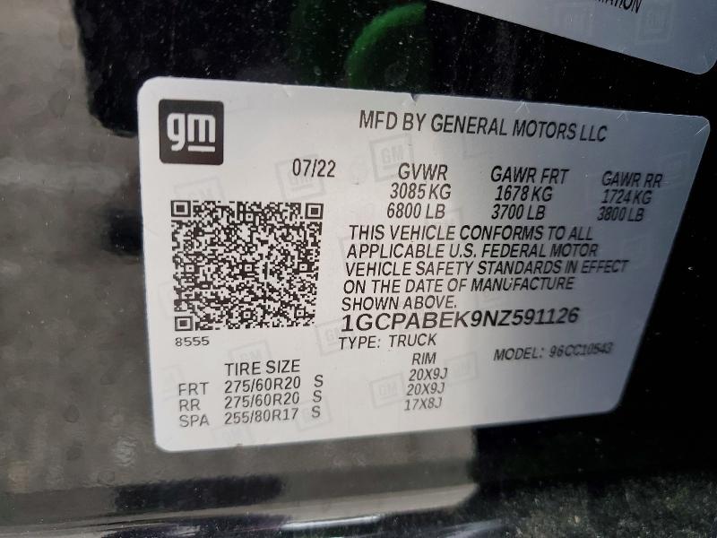 Aukcja sprzedaży 2022 Chevrolet Silverado, vin: 1GCPABEK9NZ591126, numer aukcji: 54173096