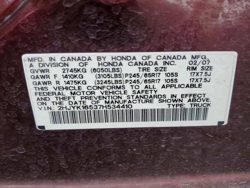 53831776 :رقم المزاد ، 2HJYK16537H534410 vin ، 2007 Honda Ridgeline مزاد بيع