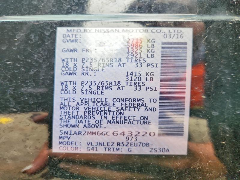 52960206 :رقم المزاد ، 5N1AR2MM6GC643220 vin ، 2016 Nissan Pathfinder مزاد بيع