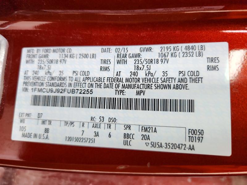 2015 Ford Escape მანქანა იყიდება აუქციონზე, vin: 1FMCU9J92FUB72255, აუქციონის ნომერი: 53084306