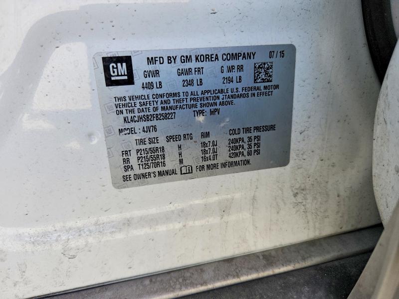 2015 Buick Encore მანქანა იყიდება აუქციონზე, vin: KL4CJHSB2FB258227, აუქციონის ნომერი: 55204676