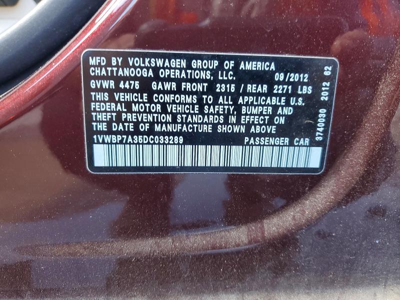 Продажа на аукционе авто 2013 Volkswagen Passat, vin: 1VWBP7A35DC033289, номер лота: 51784826