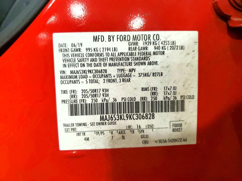 2019 Ford Ecosport მანქანა იყიდება აუქციონზე, vin: MAJ6S3KL9KC306828, აუქციონის ნომერი: 54165906