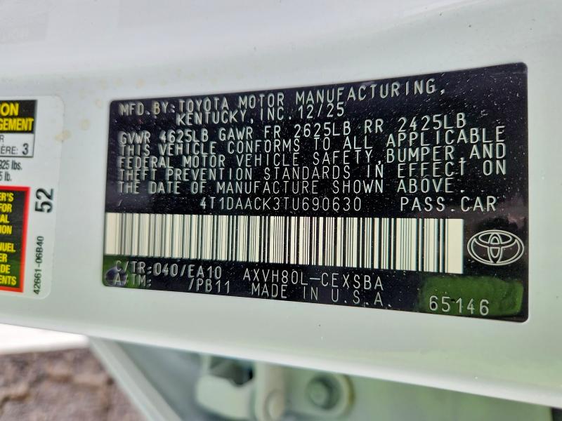 2026 Toyota Camry მანქანა იყიდება აუქციონზე, vin: 4T1DAACK3TU690630, აუქციონის ნომერი: 52552456