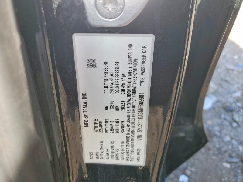 Aukcja sprzedaży 2021 Tesla Model 3, vin: 5YJ3E1EA3MF869981, numer aukcji: 52156726