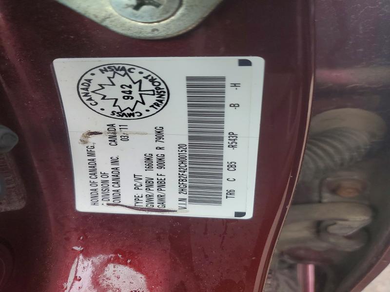 48225276 :رقم المزاد ، 2HGFB2F42CH001520 vin ، 2012 Honda Civic مزاد بيع