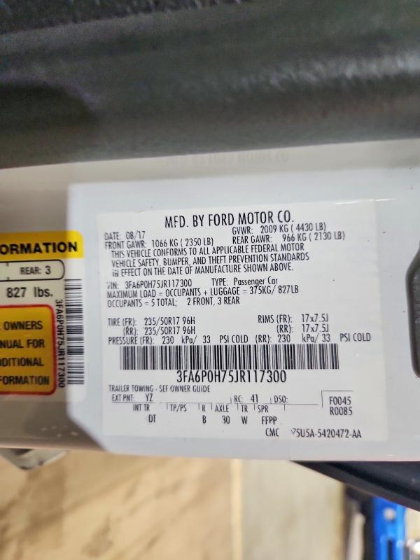 53752266 :رقم المزاد ، 3FA6P0H75JR117300 vin ، 2018 Ford Fusion مزاد بيع