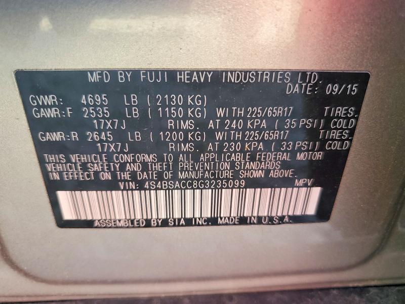 Aukcja sprzedaży 2016 Subaru Outback, vin: 4S4BSACC8G3235099, numer aukcji: 54071066