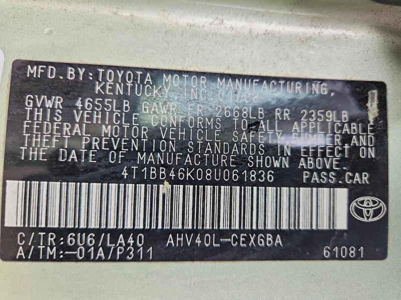 53393976 :رقم المزاد ، 4T1BB46K08U061836 vin ، 2008 Toyota Camry مزاد بيع