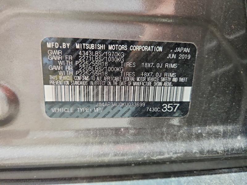 2019 Mitsubishi Outlander Sport მანქანა იყიდება აუქციონზე, vin: JA4AP3AU0KU033699, აუქციონის ნომერი: 53640706