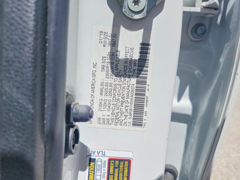 2019 Honda Cr-v მანქანა იყიდება აუქციონზე, vin: 5J6RW1H5XKA006374, აუქციონის ნომერი: 52263306
