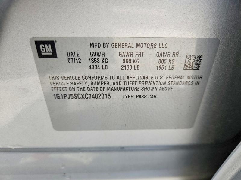 54333506 :رقم المزاد ، 1G1PJ5SCXC7402015 vin ، 2012 Chevrolet Cruze مزاد بيع