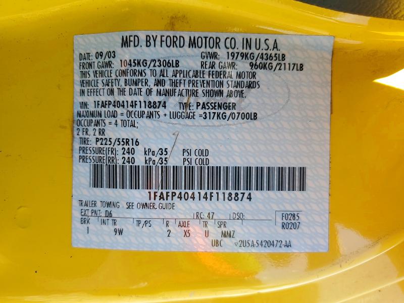 Aukcja sprzedaży 2004 Ford Mustang, vin: 1FAFP40414F118874, numer aukcji: 52898546