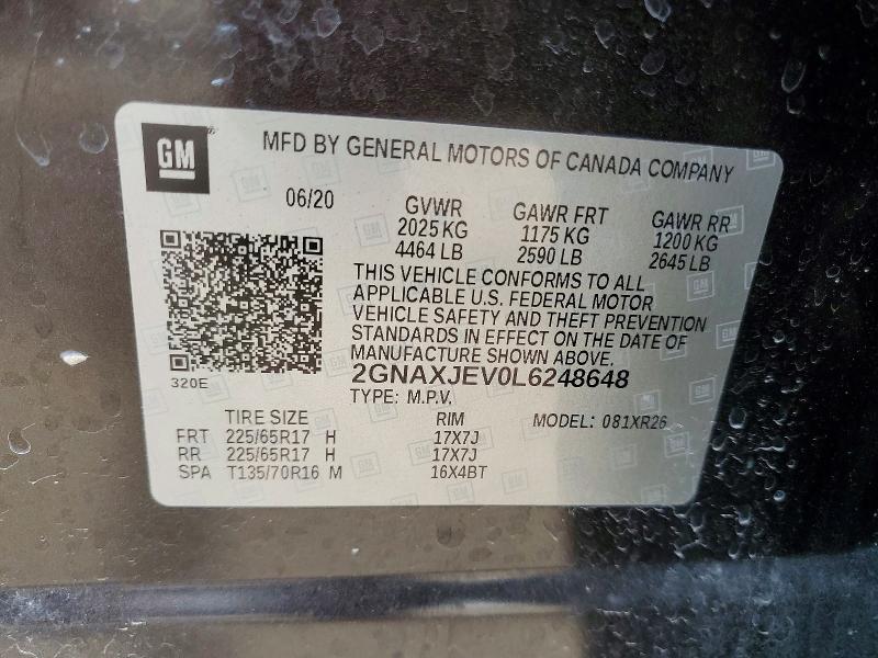 Продаж на аукціоні авто 2020 Chevrolet Equinox, vin: 2GNAXJEV0L6248648, номер лоту: 54417276