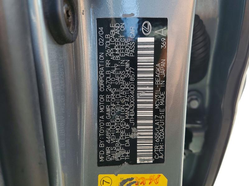 Aukcja sprzedaży 2004 Lexus Es, vin: JTHBA30GX40018577, numer aukcji: 52187656