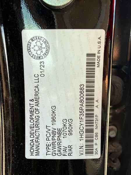 2023 Honda Accord მანქანა იყიდება აუქციონზე, vin: 1HGCY1F35PA800683, აუქციონის ნომერი: 54668636