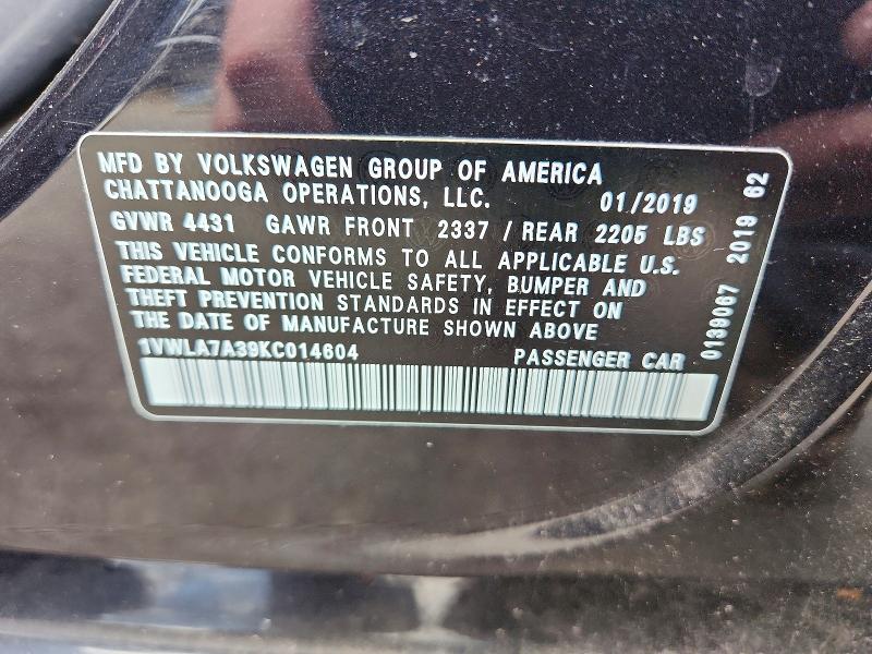 2019 Volkswagen Passat მანქანა იყიდება აუქციონზე, vin: 1VWLA7A39KC014604, აუქციონის ნომერი: 54926696