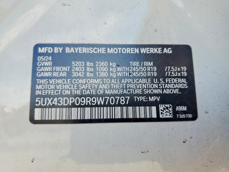 52194666 :رقم المزاد ، 5UX43DP09R9W70787 vin ، 2024 Bmw X3 مزاد بيع