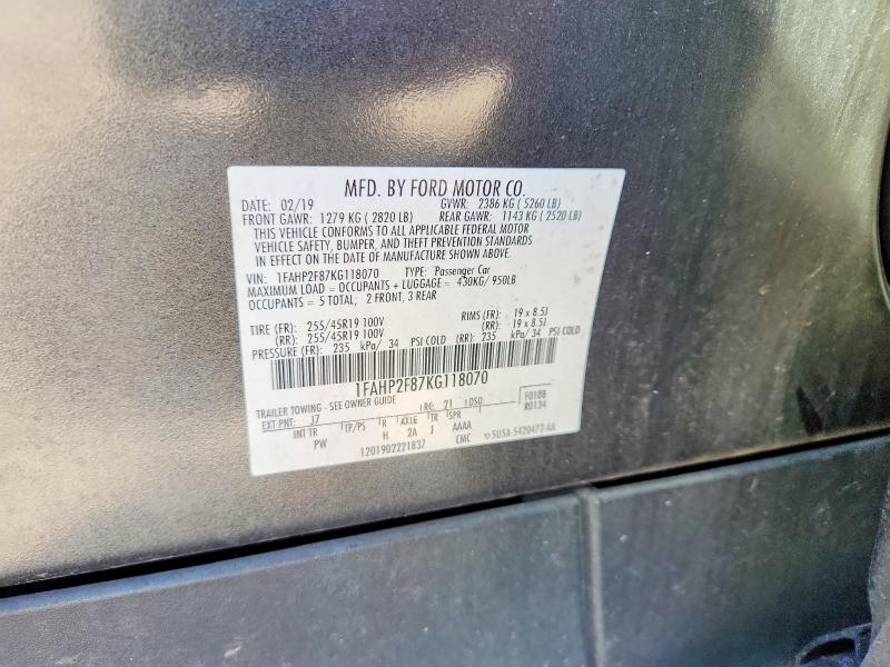 2019 Ford Taurus მანქანა იყიდება აუქციონზე, vin: 1FAHP2F87KG118070, აუქციონის ნომერი: 53520876