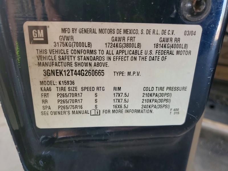 54008706 :رقم المزاد ، 3GNEK12T44G260665 vin ، 2004 Chevrolet Avalanche مزاد بيع