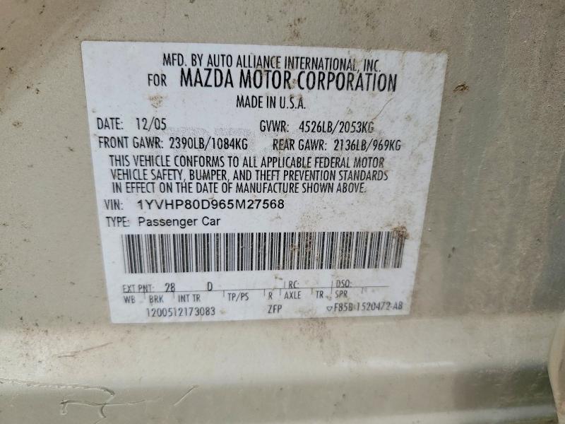 52158166 :رقم المزاد ، 1YVHP80D965M27568 vin ، 2006 Mazda 6 مزاد بيع