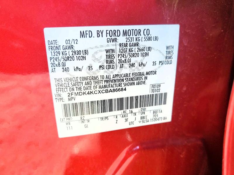 Продажа на аукционе авто 2012 Ford Edge, vin: 2FMDK4KCXCBA86684, номер лота: 54414876