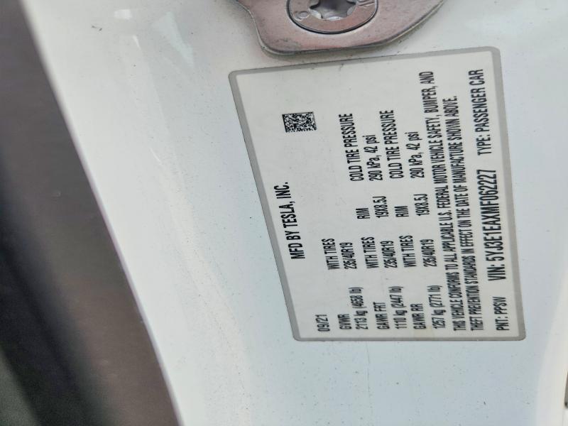 Продаж на аукціоні авто 2021 Tesla Model 3, vin: 5YJ3E1EAXMF062227, номер лоту: 54452296
